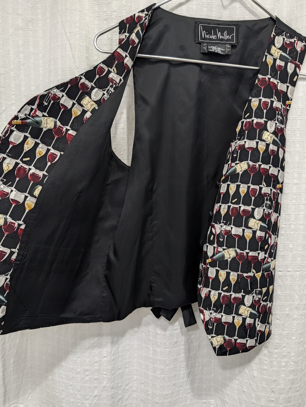 Nicole Miller Black Vest with Wine Glass Print Vintage Limited Print 1995 Large - Picture 9 of 9
